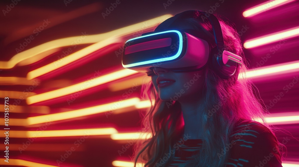 Woman in VR Headset Exploring a Digital World
