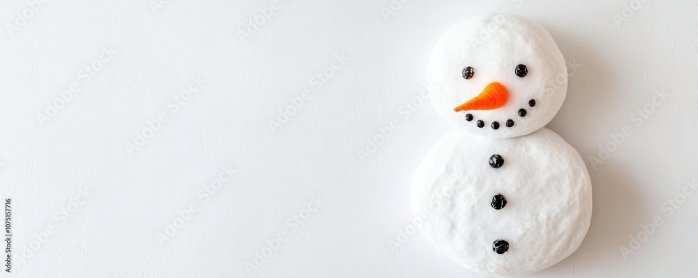 A snowman made from round, fluffy white shapes with a carrot nose and black decorations. A snowman made from round, fluffy white shapes with a carrot nose and black decorations.