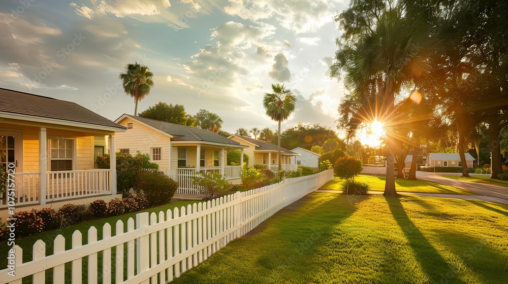 Fototapeta premium Sunset casting warm light over a row of cozy single-story homes with white picket fences.