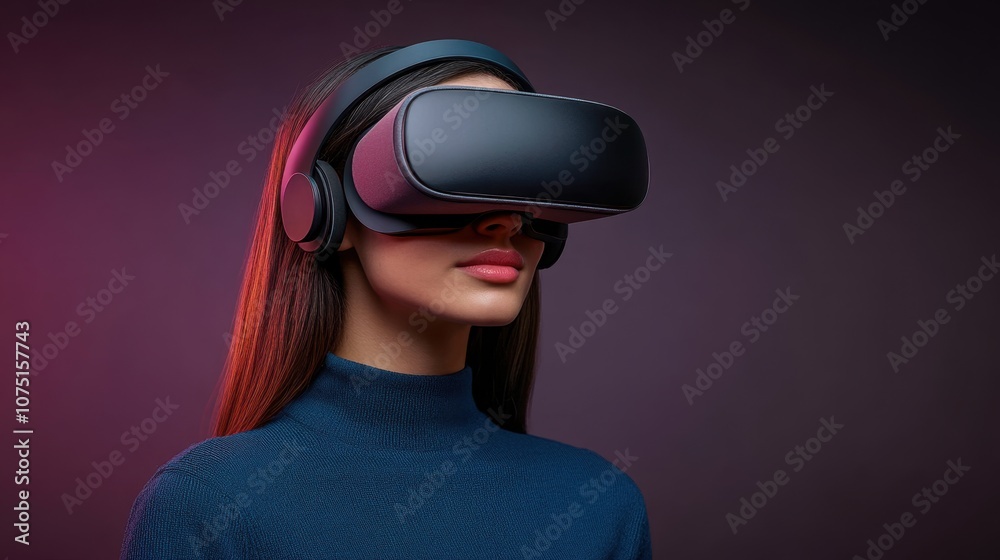 Woman Using VR Headset in a Digital World Woman Using VR Headset in a Digital World