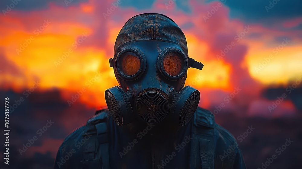person wearing a gas mask standing against chaotic, colorful background, representing the tension between humanity and environmental concerns, evoking a sense of urgency and distress person wearing a gas mask standing against chaotic, colorful background, representing the tension between humanity and environmental concerns, evoking a sense of urgency and distress