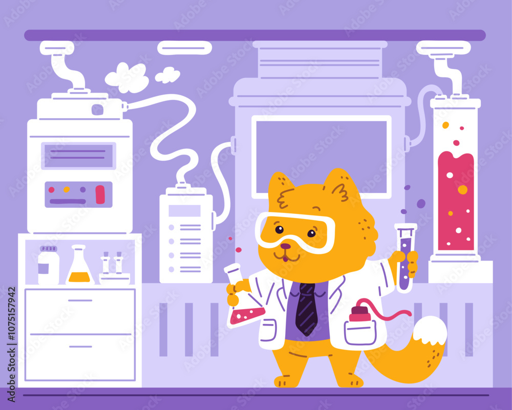 Fototapeta premium Cute cat scientist holds tubes of chemicals and making experiment in scientific laboratory, cartoon vector animal doctor