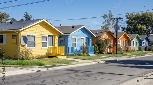 A well-lit street scene showing a row of colorful, single-story homes on a sunny day.