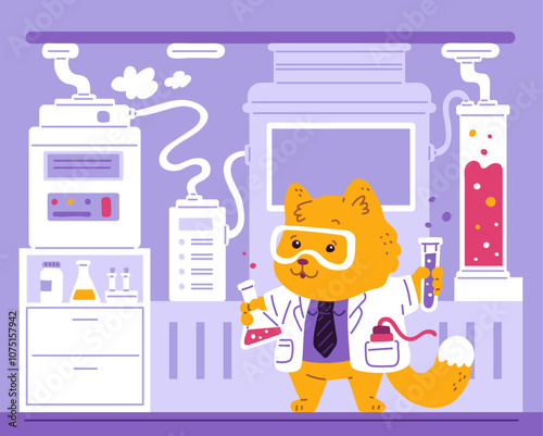 Cute cat scientist holds tubes of chemicals and making experiment in scientific laboratory, cartoon vector animal doctor