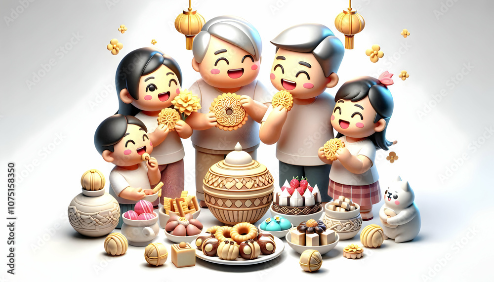 Fototapeta premium 3D Candid Family Sharing Seollal Sweets Snacks Concept, Family Indulging Together, Festive Eating Togetherness Cultural Tradition, Ample Copy Space, Isolated Icon on White Background