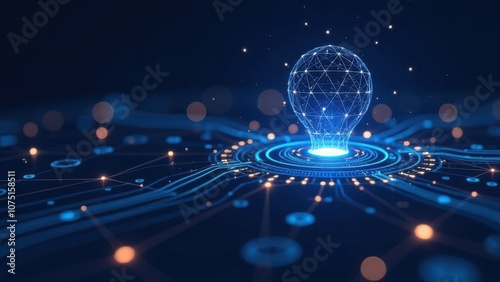 Digital light bulb hologram with network connections on dark background. Innovation and technology concept with copy space