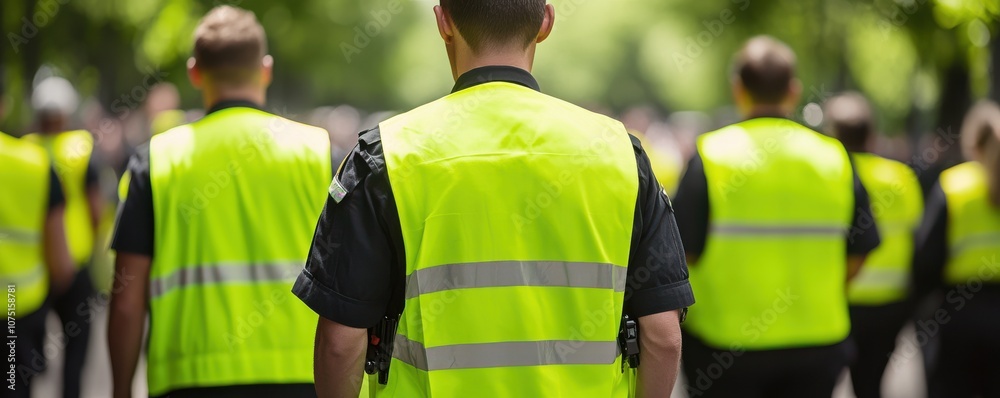 Naklejka premium Group of police officers in bright yellow vests on patrol.