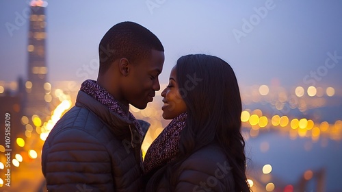 Romantic Couple Deeply Immersed in Each Other s Gaze Surrounded by the Twinkling Lights of a Vibrant Urban Landscape Capturing the Essence of Enduring Love and Intimate Connection photo