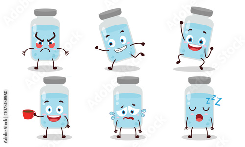 funny medicine vial bottle character with various pose activity design illustration