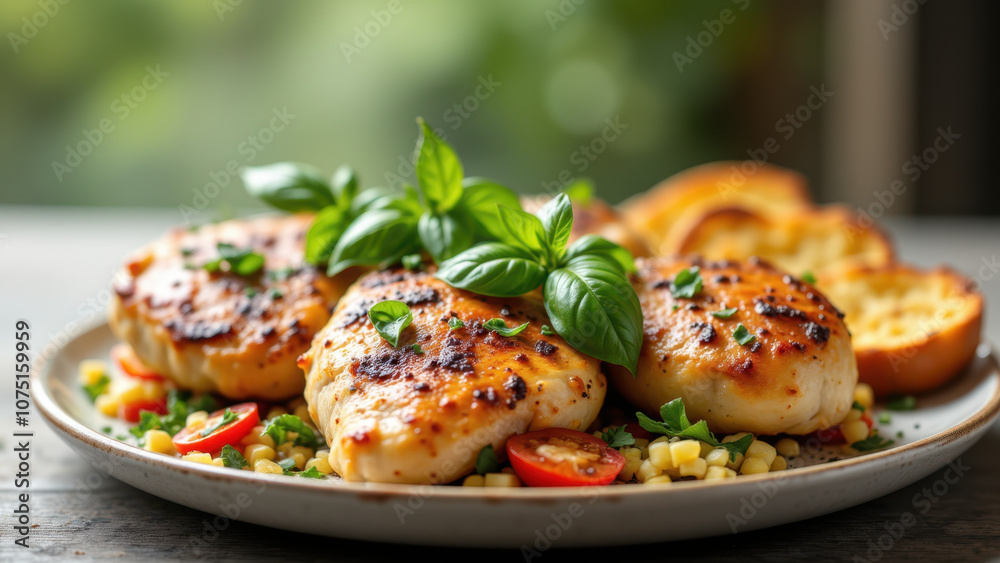 A plated serving of Mary's Chicken garnished with fresh herbs. A plated serving of Mary's Chicken garnished with fresh herbs.