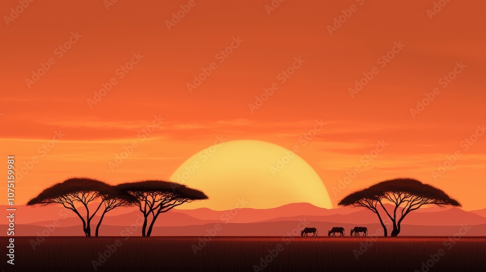 Sunset over a vast savannah with silhouettes of acacia trees and grazing wildlife Sunset over a vast savannah with silhouettes of acacia trees and grazing wildlife