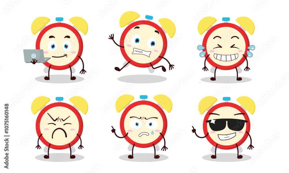 funny clock character with many pose activity design illustration funny clock character with many pose activity design illustration