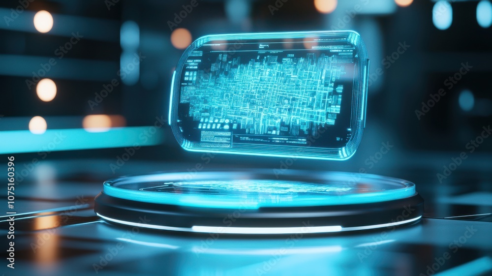 Futuristic holographic display with digital data visualization. Futuristic holographic display with digital data visualization.