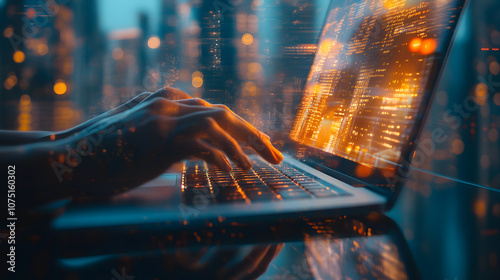 Hände beim Programmieren auf leuchtender Tastatur photo