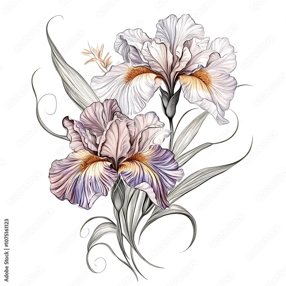 Obraz premium Floral bouquet with flower iris. Vintage Fourish Greeting Card Design. Swirl flower 