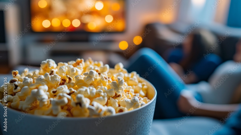 A bowl of popcorn is on a table in front of a television A bowl of popcorn is on a table in front of a television