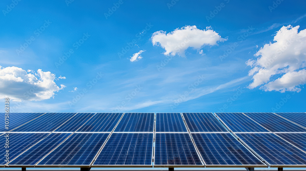 Clear blue sky above solar panels, reflecting minimalism and purity. vibrant sunlight enhances beauty of renewable energy technology