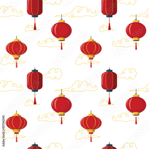 Chinese paper lanterns and cloud seamless pattern. Lunar New Year background design, spring festival holiday symbols. Isolated on white background