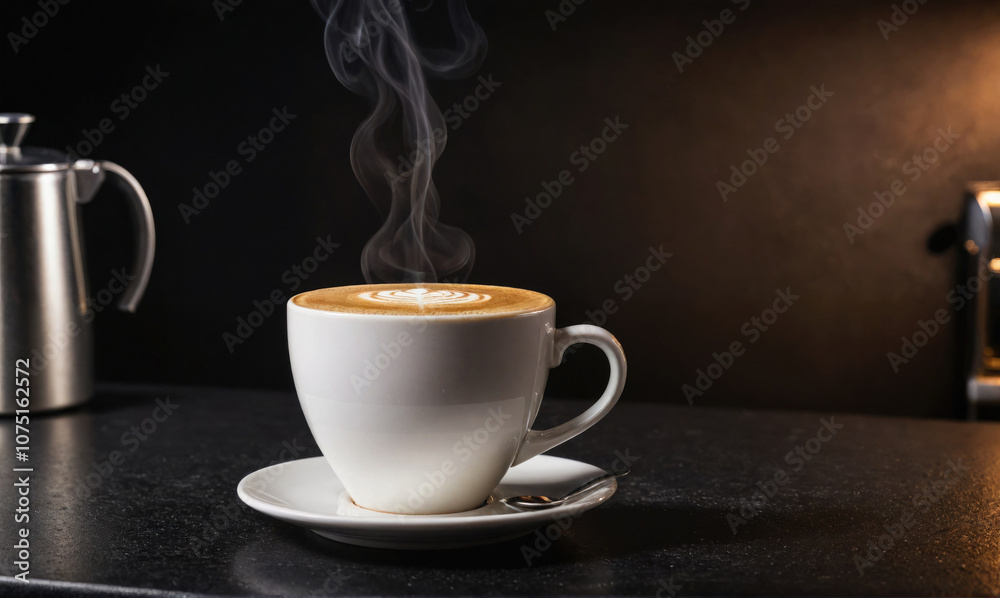 A steaming cup of coffee sits on a black countertop, ready to be enjoyed
