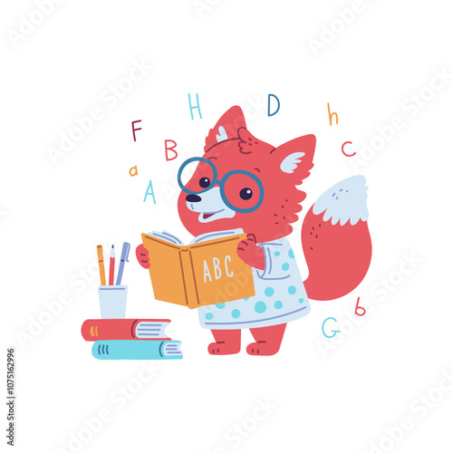 Vector illustration with the image of a cute fox in clothes and glasses, reading a book.