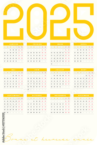 Calendrier 2025, Design simple de calendrier Français nouvelle année 2025, couleur jaune