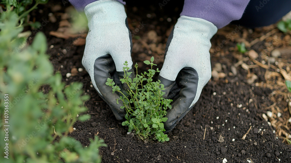 Close view of hands in gardening gloves, planting a small herb, promoting a sustainable, healthy lifestyle. Close view of hands in gardening gloves, planting a small herb, promoting a sustainable, healthy lifestyle.