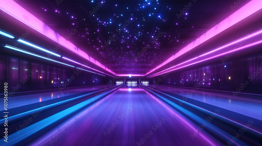 Neon-Lit Bowling Alley with Glowing Stars. AI generated illustration