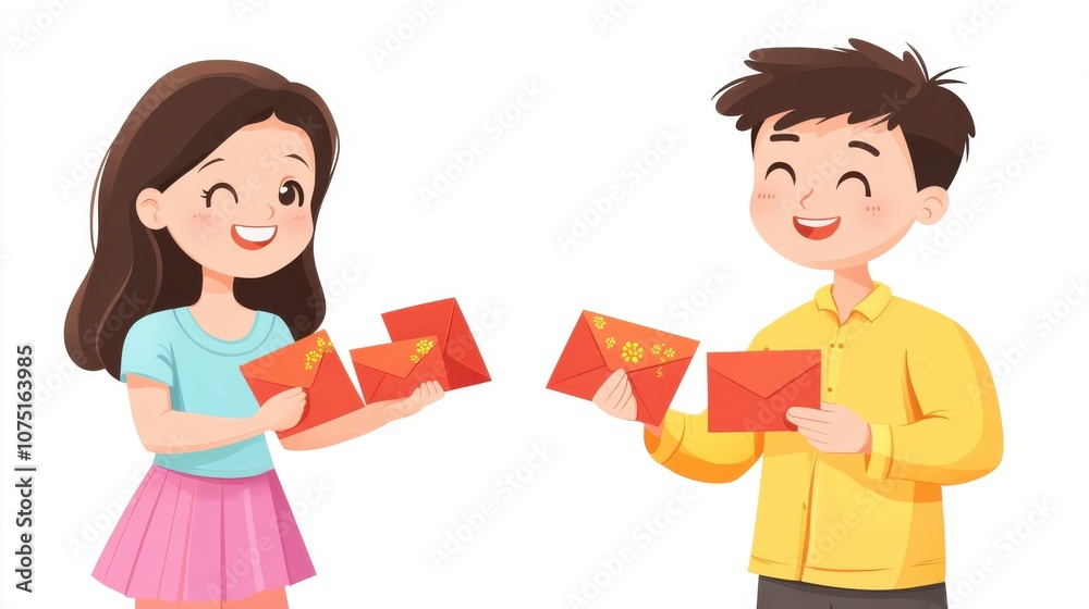 Two children joyfully sharing red envelopes during a festive celebration. Two children joyfully sharing red envelopes during a festive celebration.