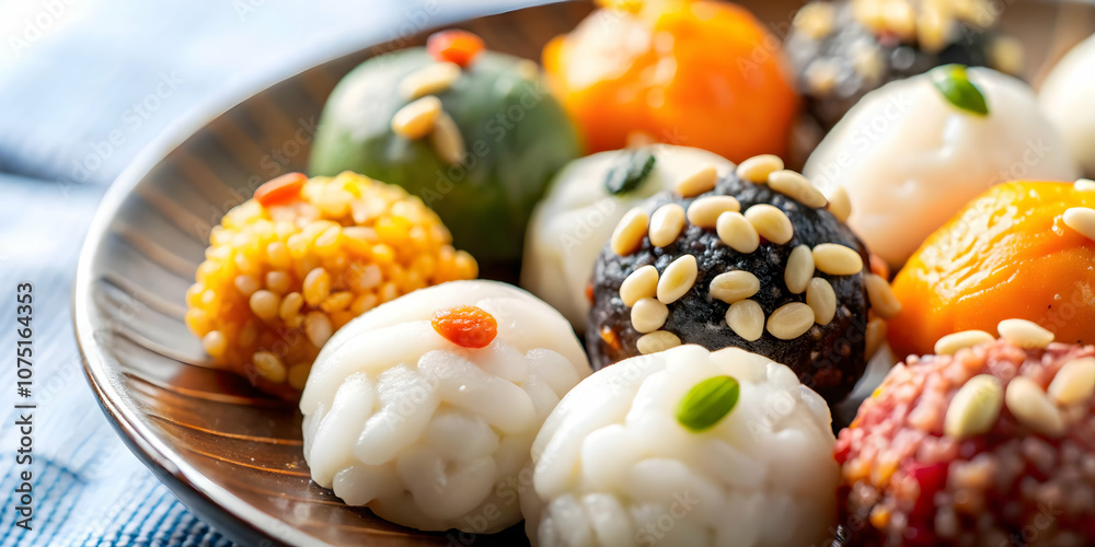 Obraz premium Macro Close Up Seollal Rice Cake Tteok Texture Soft Chewy Detail Festive Eating Prosperity Ample Copy Space Photography Stock Concept