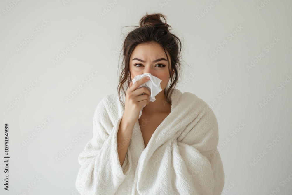 Young woman wrapped in a blanket holding tissue, looking unwell, white background Young woman wrapped in a blanket holding tissue, looking unwell, white background