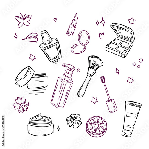 Isolated line beauty icons. Hand draw makeup signs. Cream, lipstick, brush contour art. Woman cosmetic accessories