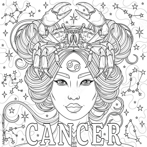 Cancer Woman.Astrological Zodiac Sign.Coloring book antistress for children and adults.