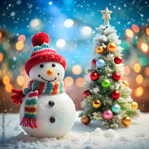 Snowman with Christmas tree and lights