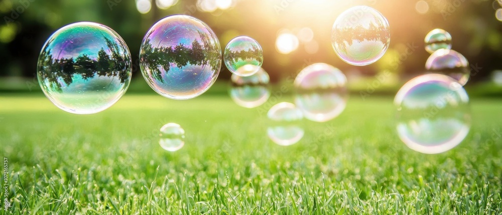 A child blowing bubbles in a grassy park with the sunlight catching each bubble A child blowing bubbles in a grassy park with the sunlight catching each bubble