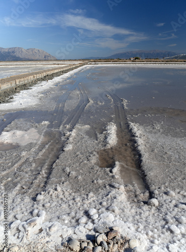 Salt extraction in salt pools with salt crystals in the village of Turlida, Mesolongi, Greece photo