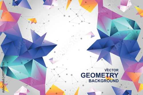Abstract background with bright different colors geometric form structures and particles links. Wallpaper with dots connects and triangular polygons texture on white backdrop. Vector illustration