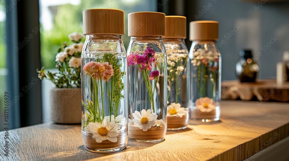 Close-Up of Glass Water Bottles with Flowers in a Modern Spa. AI generated illustration