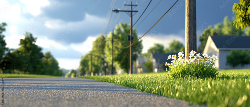 Naklejka premium peaceful suburban scene featuring sidewalk lined with grass and wildflowers, under cloudy sky. image captures essence of tranquility in nature