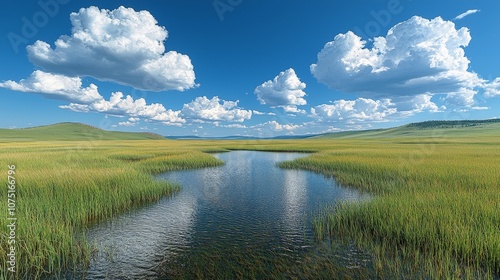 A serene landscape featuring a calm river surrounded by lush grass and a clear blue sky.