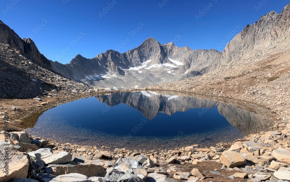 Obraz premium A serene alpine lake nestled between rugged mountains, reflecting the clear sky above