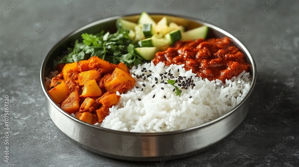 Delicious Indian Meal with Rice, Vegetables, and Chutney. AI generated illustration Delicious Indian Meal with Rice, Vegetables, and Chutney. AI generated illustration