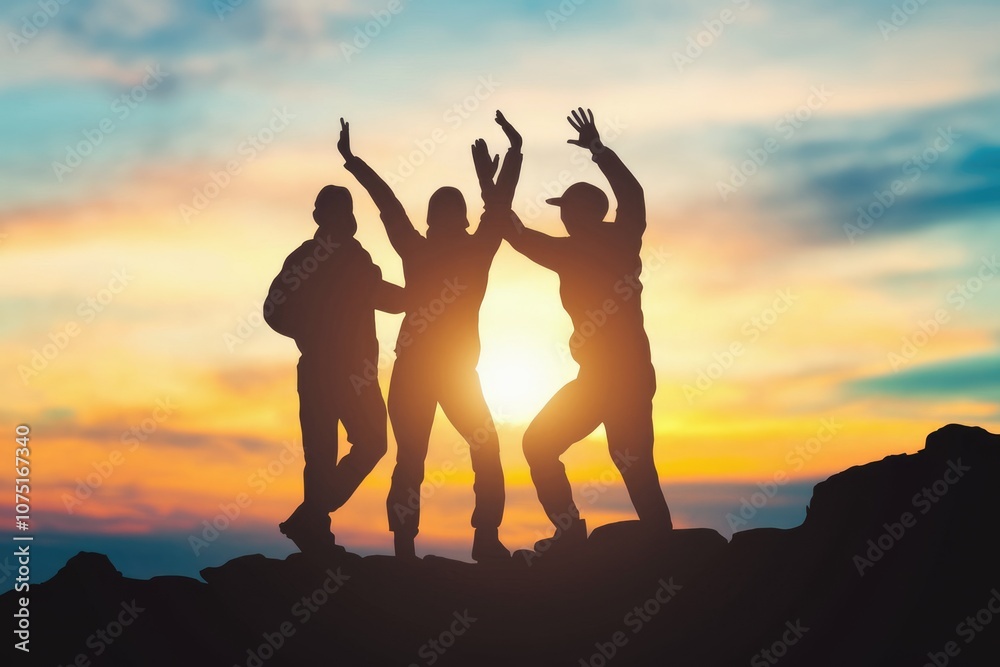 Fototapeta premium Three friends celebrate on a mountaintop at sunset.