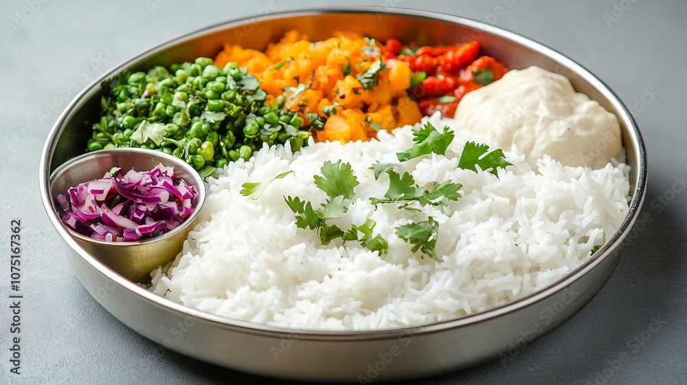 Delicious Indian Meal with Rice, Vegetables, and Chutney. AI generated illustration Delicious Indian Meal with Rice, Vegetables, and Chutney. AI generated illustration