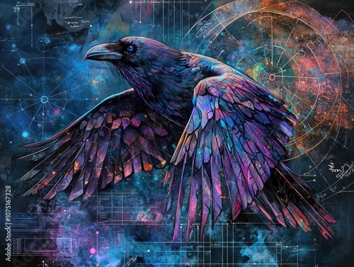 Stylized Smart Raven in dark space, half body detailed mystical portrait, epic totemic animal photo