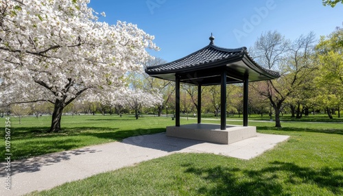 A serene pagoda surrounded by cherry blossoms in an urban park setting