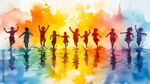 Watercolor illustration of the Holi festival with children playing and throwing vibrant colored powders in the air