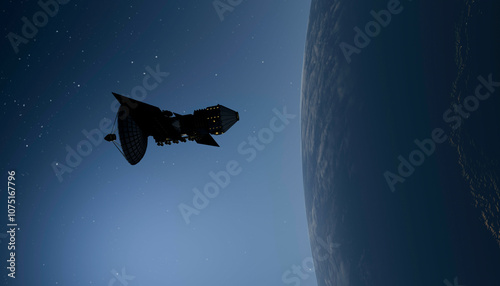 Illustration of a satellite orbiting Earth against the backdrop of space. photo