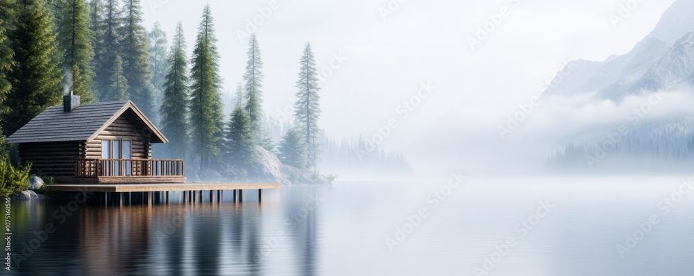 Fototapeta premium Serene lakeside cabin surrounded by misty mountains and trees.