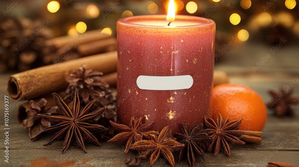 A warm candle surrounded by spices and an orange, creating a cozy, festive atmosphere.