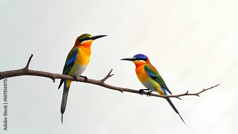 Fototapeta premium Two vibrant kingfisher birds perched on a branch, beautifully illustrated for nature lovers and bird enthusiasts.